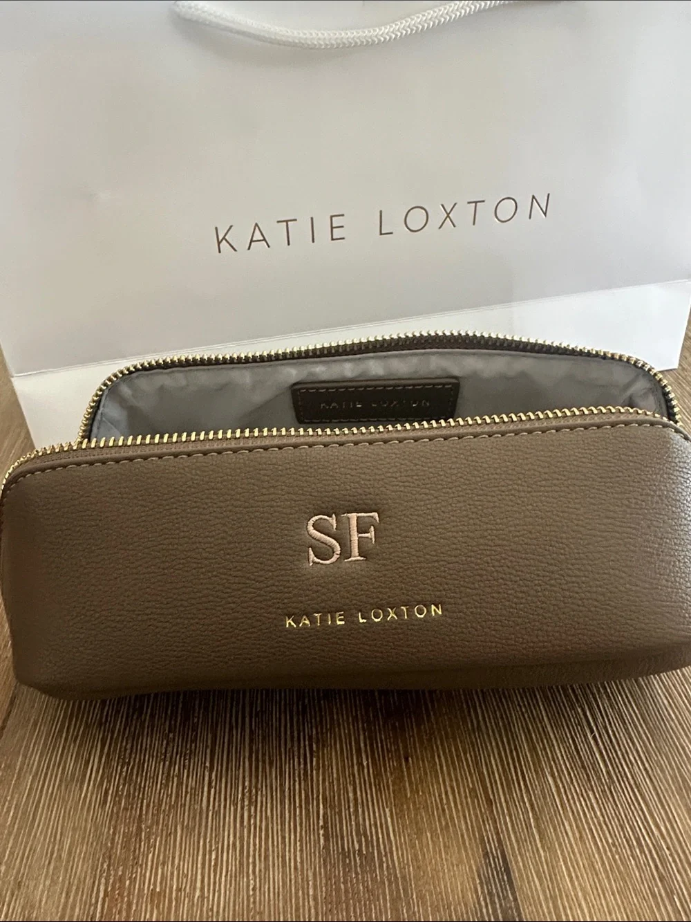 Katie Loxton Brown Monogram Cosmetic Pouch with Gold Zipper